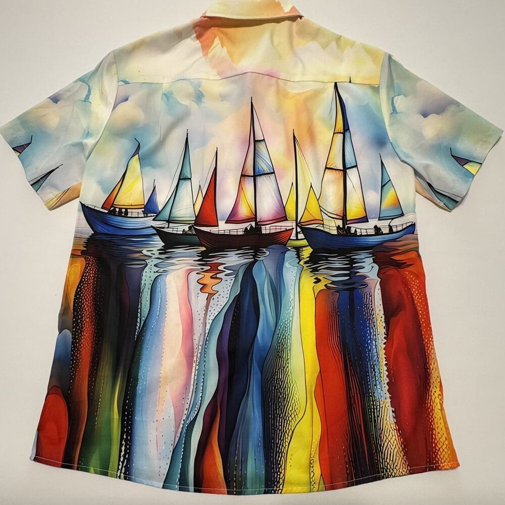 Royaura Men's Hawaiian Short Sleeve Medium Multi Color Sail Boat Print Shirt - Picture 11 of 14